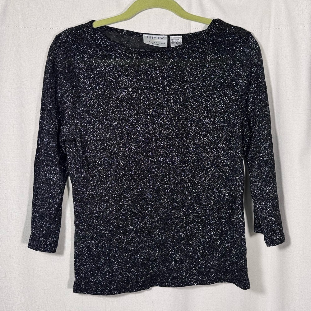 Y2K Black Sparkly Mesh 3/4 Sleeve Top